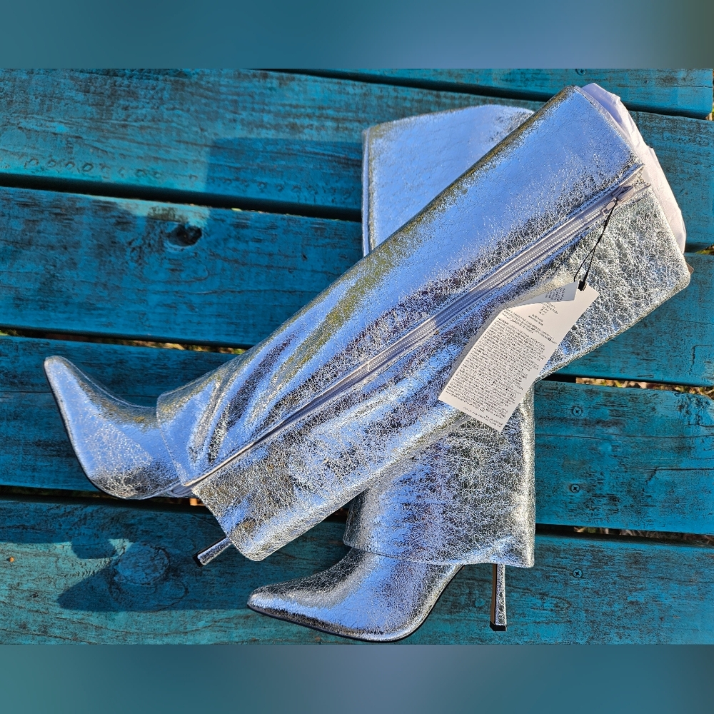 The Drop Silver Crackle Fold Over Boots